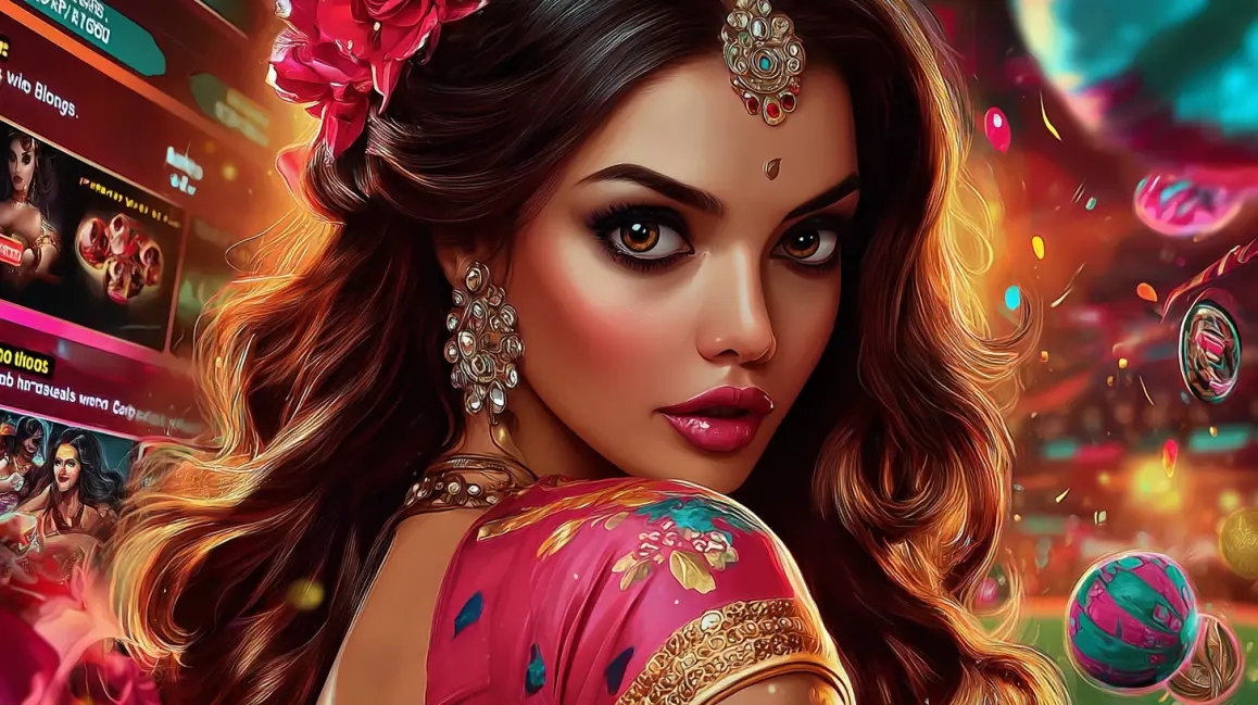  A beautiful woman wearing traditional Indian attire with ornate jewelry looks over her shoulder, with a blurred background of an online sports betting interface and stadium lights.