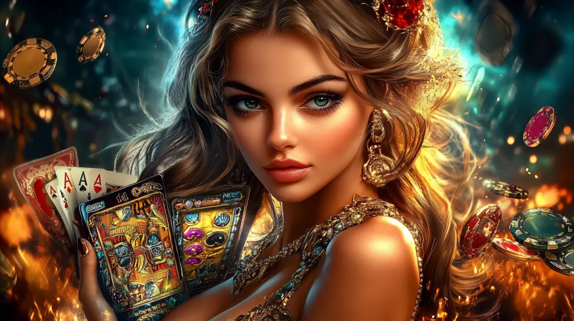 A beautiful woman with a floral hairpiece and ornate jewelry holds a winning hand of four aces, surrounded by floating casino chips, signifying a big payout.