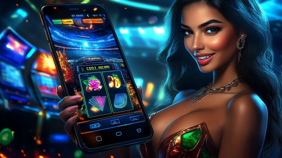 A smiling woman holds a smartphone displaying a winning combination on a slot game, representing the ease of playing and withdrawing funds directly from the mobile app.