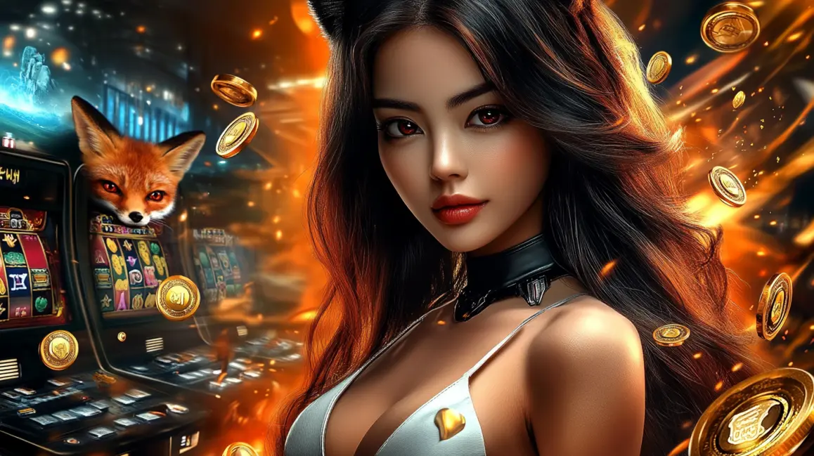 An attractive woman with fox ears stands in a casino with a fox peeking from a slot machine, while gold coins rain down, symbolizing abundant winnings and easy cashouts.