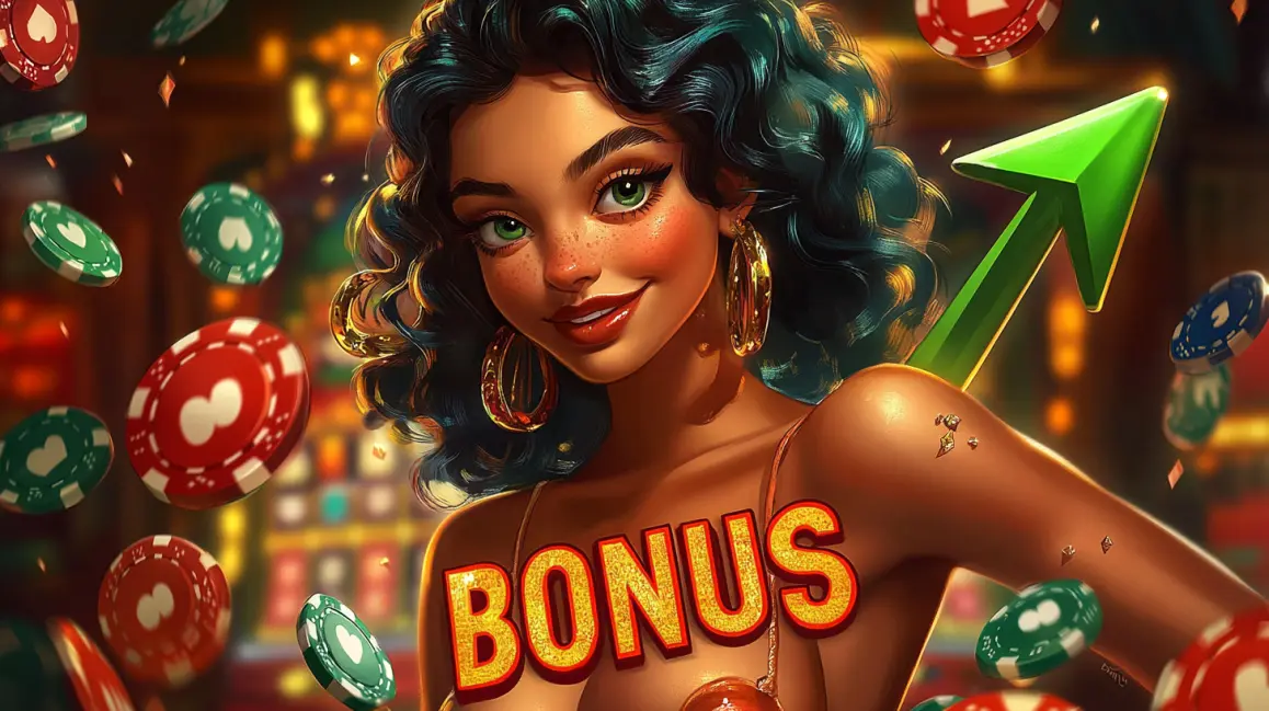 A cheerful woman with blue hair has the word BONUS written across her chest, with a large green arrow pointing upwards behind her, indicating a promotional boost.