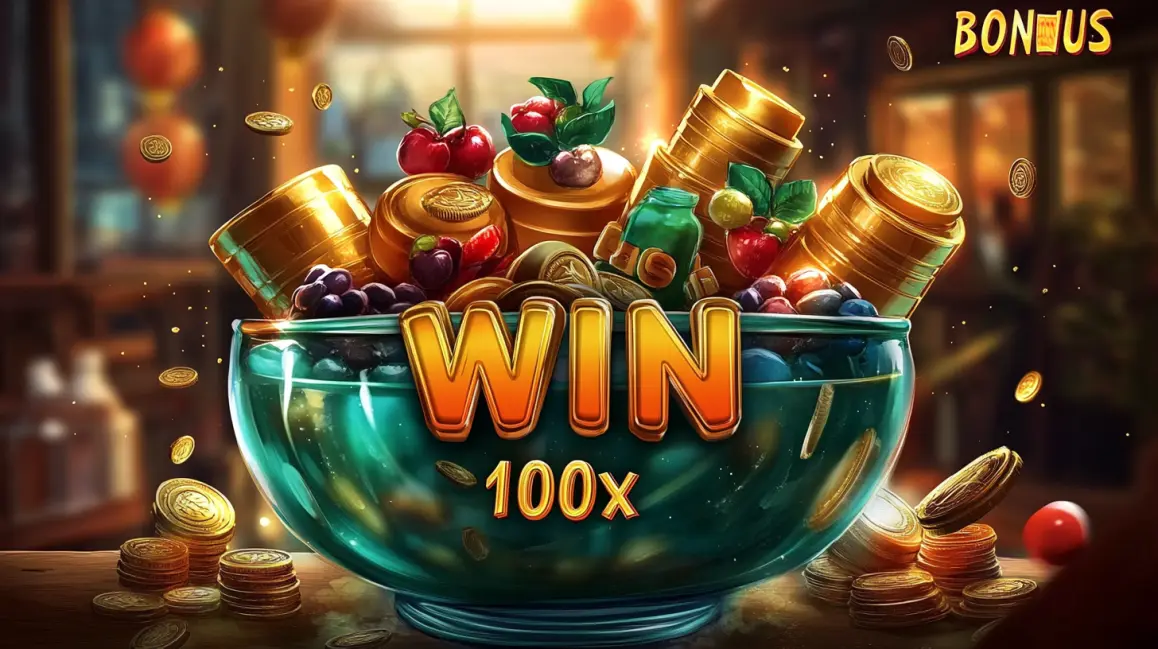 A large green bowl filled with fruit symbols and gold coins from a slot game, with the words WIN 100x and BONUS, highlighting a successful promotional feature.