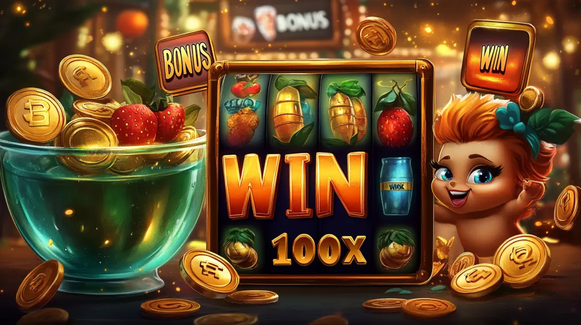 A slot machine screen displays a big WIN with a 100x multiplier, next to a bowl of winnings and a cute game character, illustrating a rewarding bonus round.