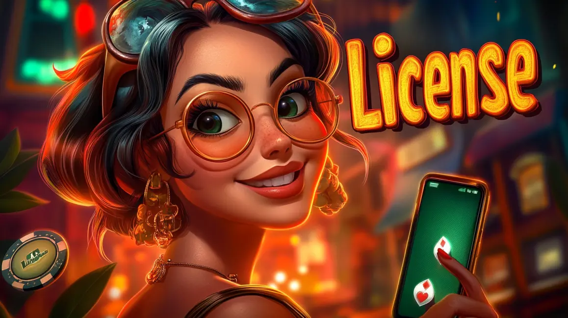 A smiling, stylish woman with glasses holds a smartphone, with the word License in bold yellow letters next to her, assuring players of a safe and certified gaming platform.