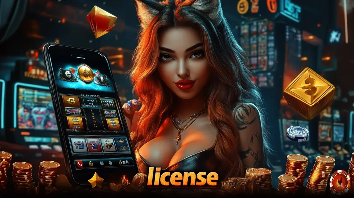 A woman with fox ears and a tattoo presents a smartphone with a licensed casino game, surrounded by gold coins and a floating 3D cube, signifying a secure platform.