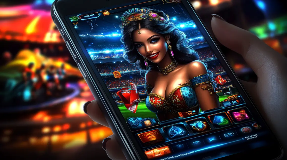 A hand holds a smartphone displaying a high-quality, officially licensed casino game featuring a beautifully rendered character in a stadium, ensuring fair and reliable gameplay.
