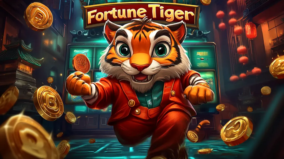 The cartoon mascot from the Fortune Tiger slot game, a tiger in a red suit, runs through a vibrant Asian city street while surrounded by floating gold coins.