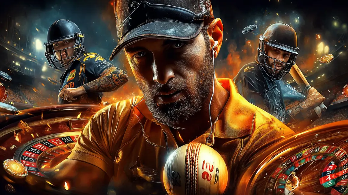 A composite image featuring intense cricket players in action, a cricket ball, and casino roulette wheels, blending the excitement of sports betting with classic casino gaming.