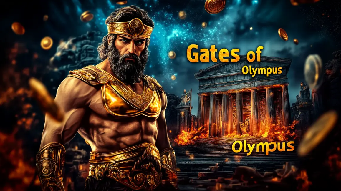 The powerful Greek god Zeus from the Gates of Olympus slot stands in golden armor before an ancient temple, with the game's logo prominently displayed.