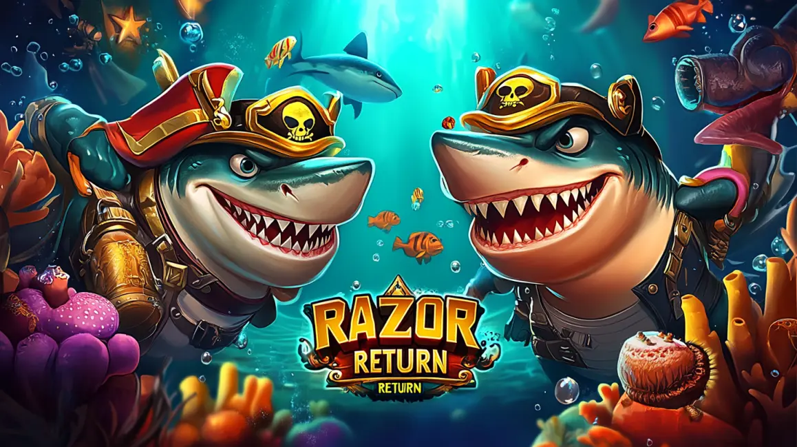 Two menacing cartoon sharks wearing pirate hats face off underwater in a colorful coral reef, with the Razor Return slot game logo displayed between them.