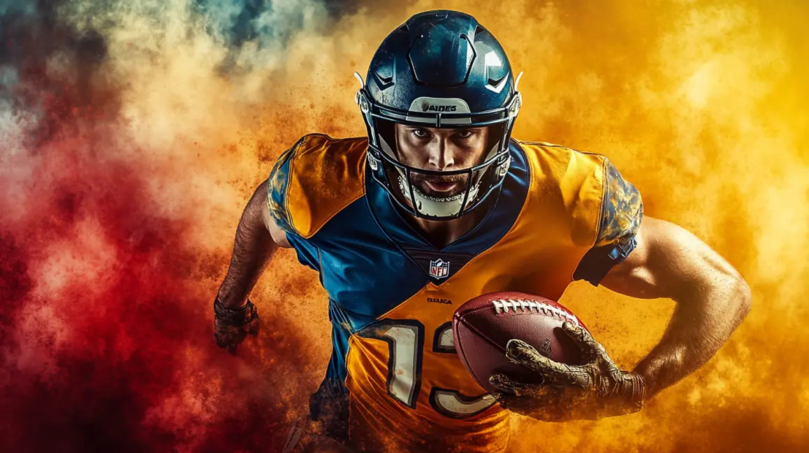 A focused American football player in a blue and yellow uniform runs forward with the ball, set against a dynamic and explosive background of red and yellow powder.