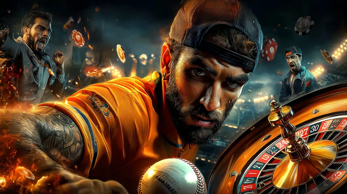 An intense man with a baseball and a tattoo gazes forward, with a large casino roulette wheel and cheering fans in the background, representing sports betting excitement.