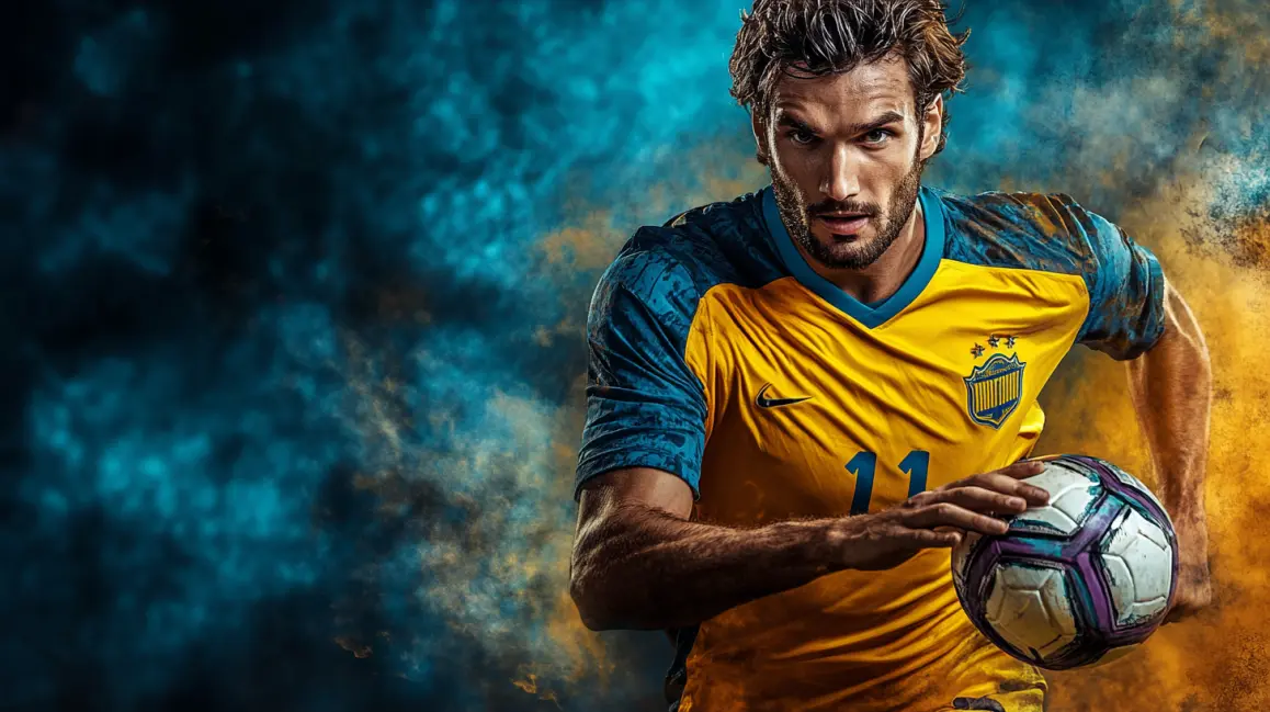 A professional soccer player in a yellow and blue jersey expertly controls the ball while running, against a dramatic background of blue and yellow particle effects.