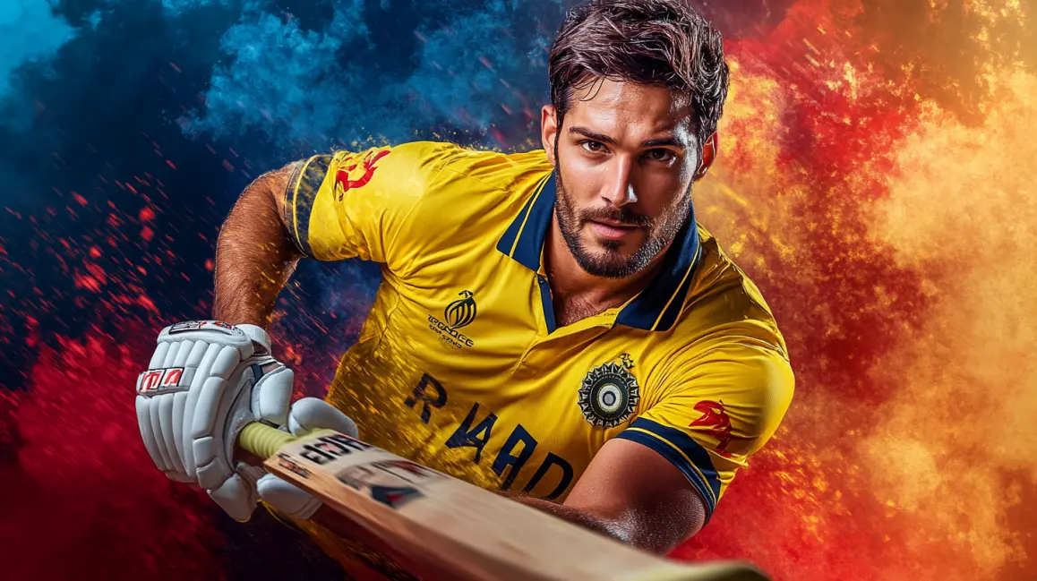 A focused cricket batsman in a yellow jersey and white gloves holds his bat in a ready stance, surrounded by an explosive background of blue and red smoke.