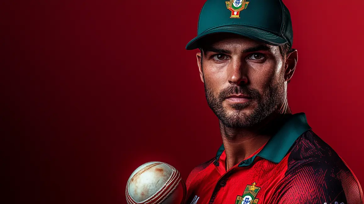 A close-up portrait of a handsome cricket player wearing a cap and a red jersey, confidently holding a cricket ball against a clean, deep red background.