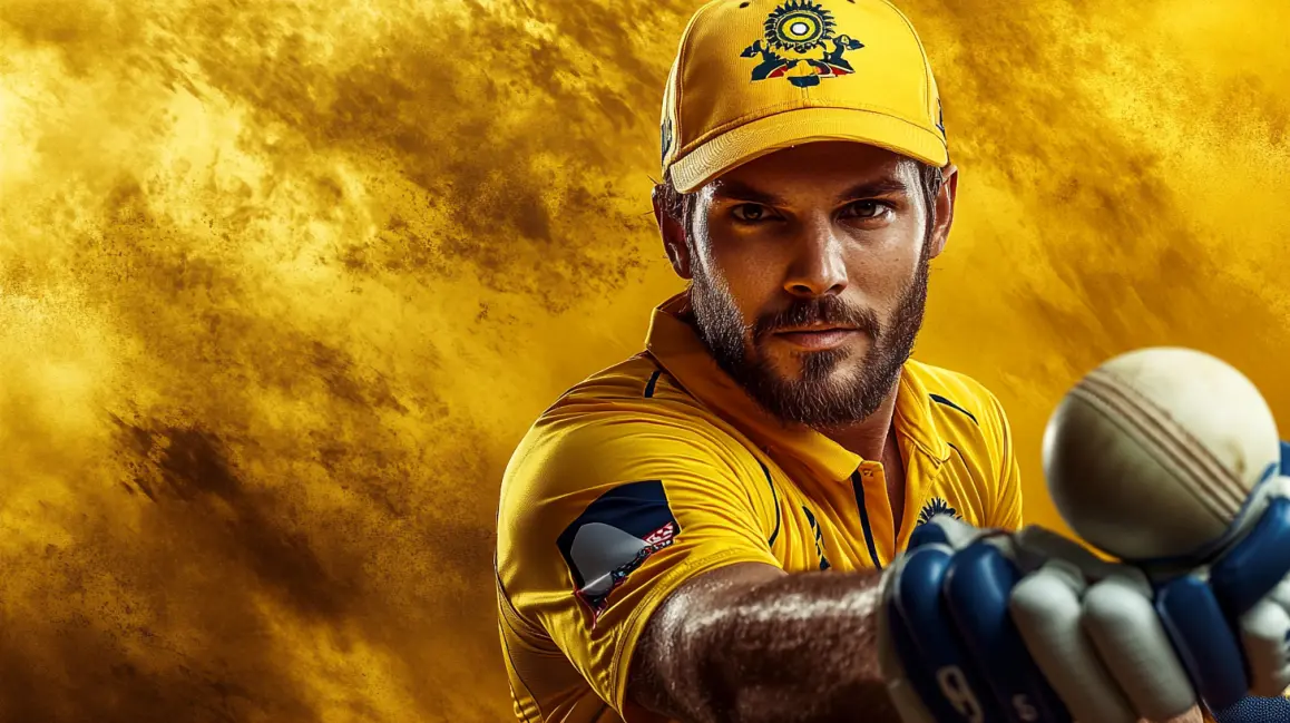 A determined cricket player wearing a yellow cap and jersey holds a cricket ball while wearing gloves, ready for action against a vibrant golden background.