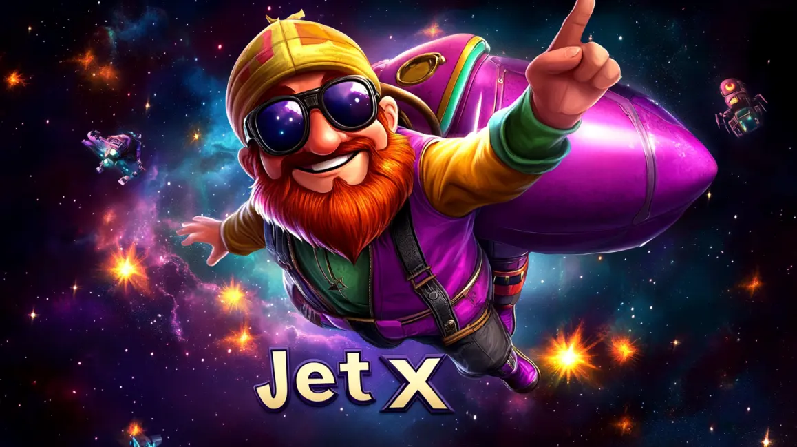 A cheerful cartoon character with a red beard and sunglasses flies through a colorful galaxy on a jetpack, with the Jet X game logo displayed below.