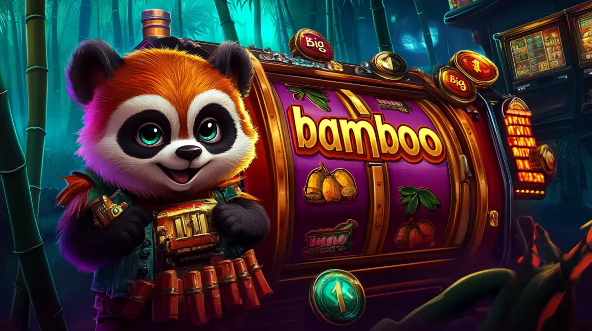 A cute red panda wearing a vest stands next to a large slot machine with the word bamboo on its purple reels, set in a mystical bamboo forest at night.