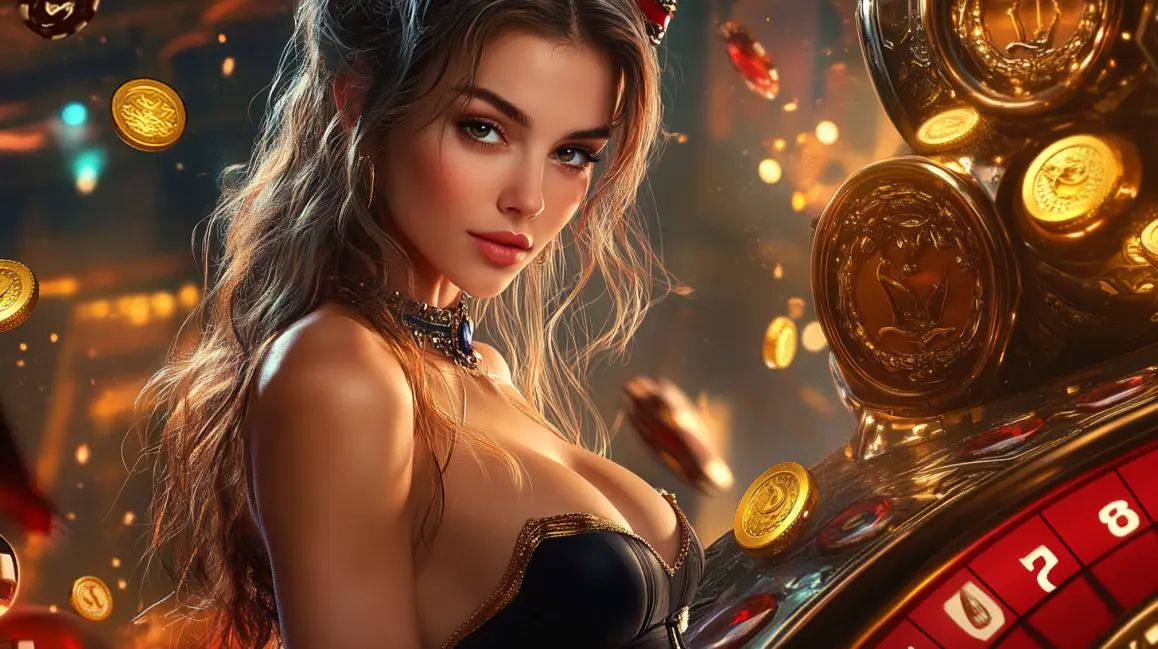 A glamorous woman with wavy hair and an elegant black dress poses beside a red and gold casino roulette wheel, with golden coins floating around her in a luxurious setting.