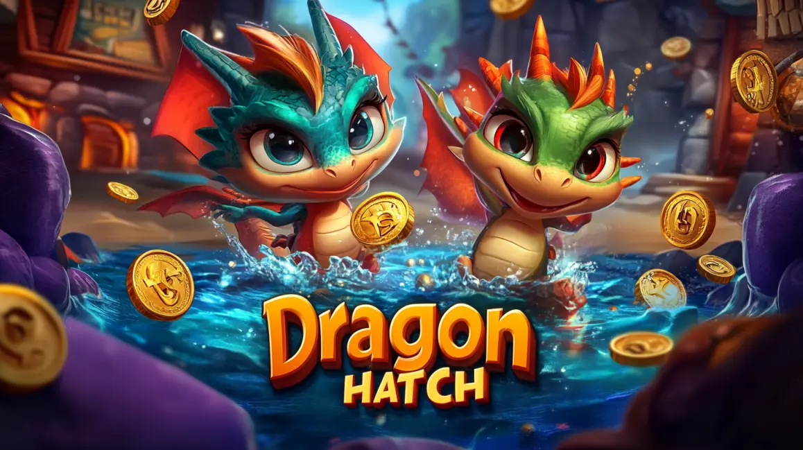 Two adorable baby dragons, one teal and one green, play in sparkling blue water surrounded by gold coins, with the Dragon Hatch game logo underneath.