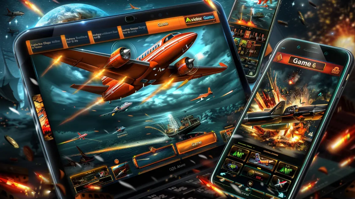 The Aviator crash game is displayed on a tablet and two smartphones, showcasing a red airplane flying through a dramatic sky filled with other aircraft and explosions.
