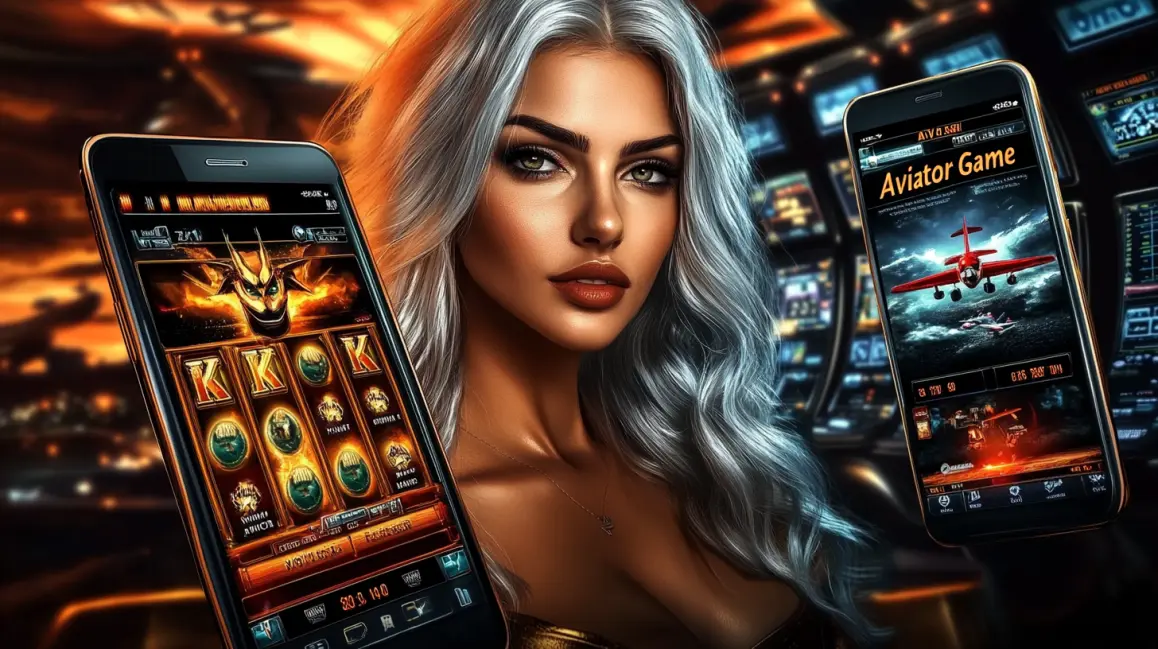 A striking woman with silver hair holds two smartphones, one showing a casino slot and the other displaying the popular Aviator crash game with its red airplane.