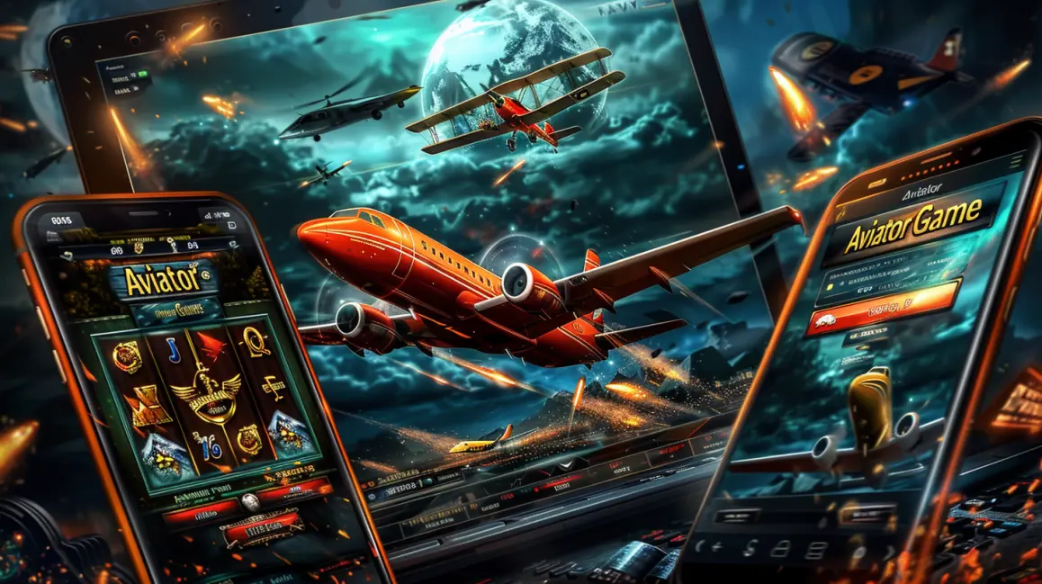 A dynamic montage of screens, including a tablet and smartphones, all displaying the exciting Aviator game with various airplanes flying through a dramatic sky.