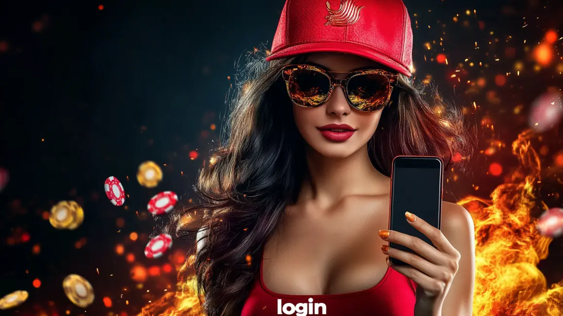 A stylish woman in a red cap and sunglasses holds a smartphone against a fiery background with floating casino chips, inviting users to log in or register an account.
