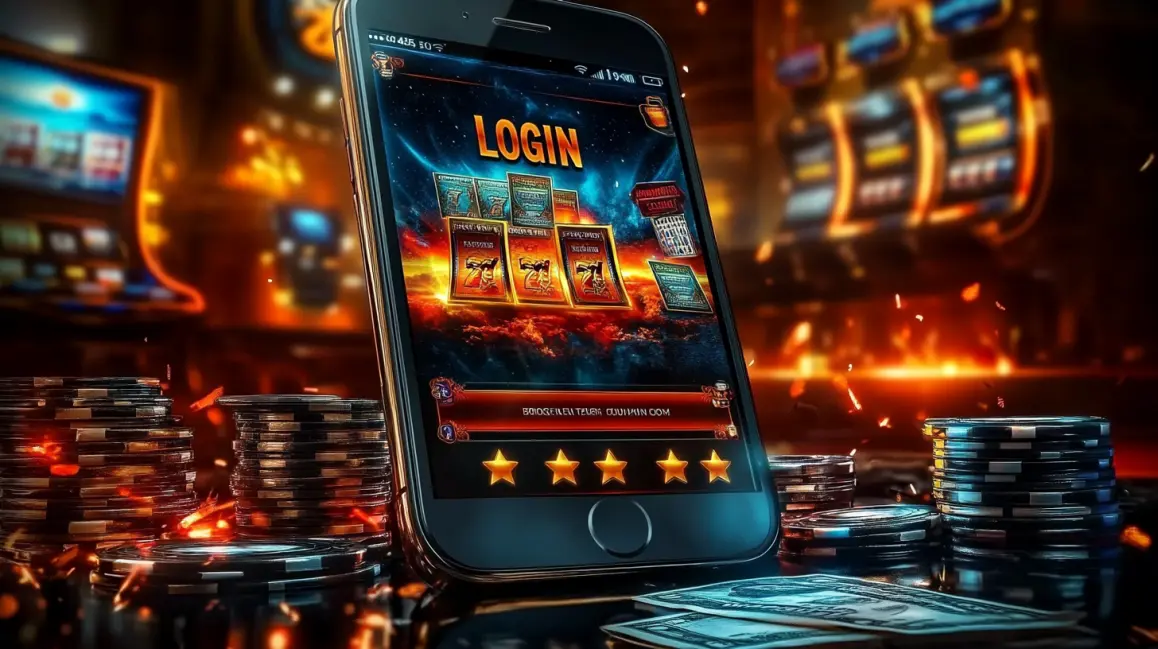A smartphone displays a vibrant casino app login screen featuring slot game cards, surrounded by stacks of poker chips and cash on a reflective table in a casino.