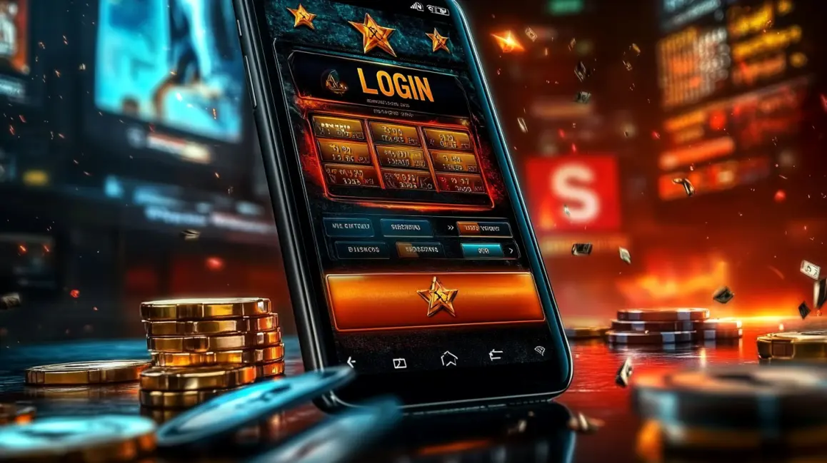 A smartphone shows an online gaming app's login interface with a prominent star button, set against a dynamic background with gold coins and floating poker chips.