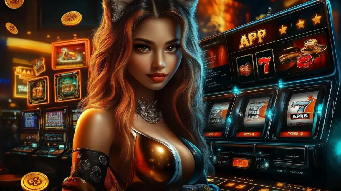 An alluring woman with fox ears stands beside a modern slot machine that has the word APP on its screen, set within a brightly lit and exciting digital casino floor.