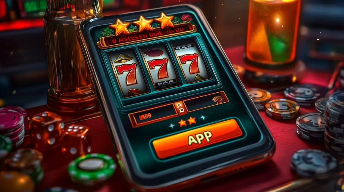 A close-up of a smartphone displaying a classic 777 slot game on its screen, with a large orange button that says APP, placed on a casino table with dice and chips.