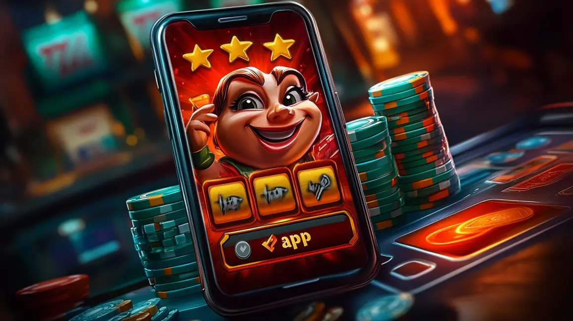 A smartphone showcases a colorful mobile game featuring a smiling cartoon character, with a prominent App button below the game reels, surrounded by casino chips.